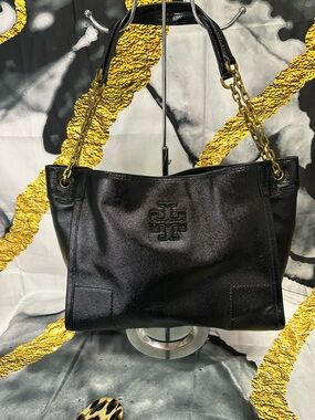 Tory Burch Black Leather Tote with Gold Chain Handles
